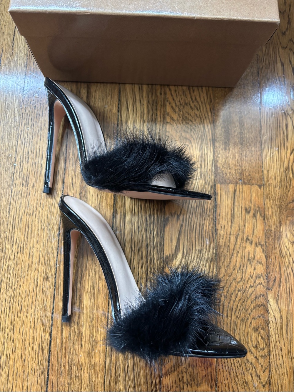 Faux Fur Black Slide Heels, Size 37. Unworn - Picture 3 of 5